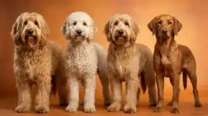 Four goldendoodle coat types side by side — wavy, curly, straight, and flat coats compared