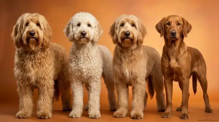 Four goldendoodle coat types side by side — wavy, curly, straight, and flat coats compared