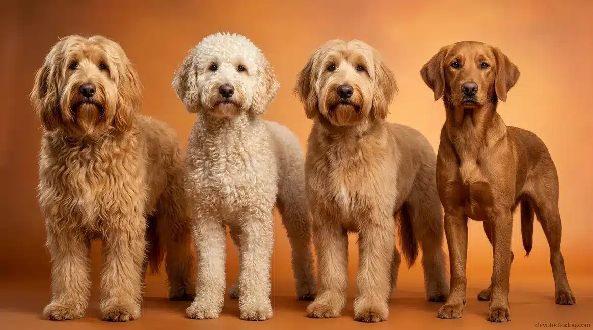 Four goldendoodle coat types side by side — wavy, curly, straight, and flat coats compared