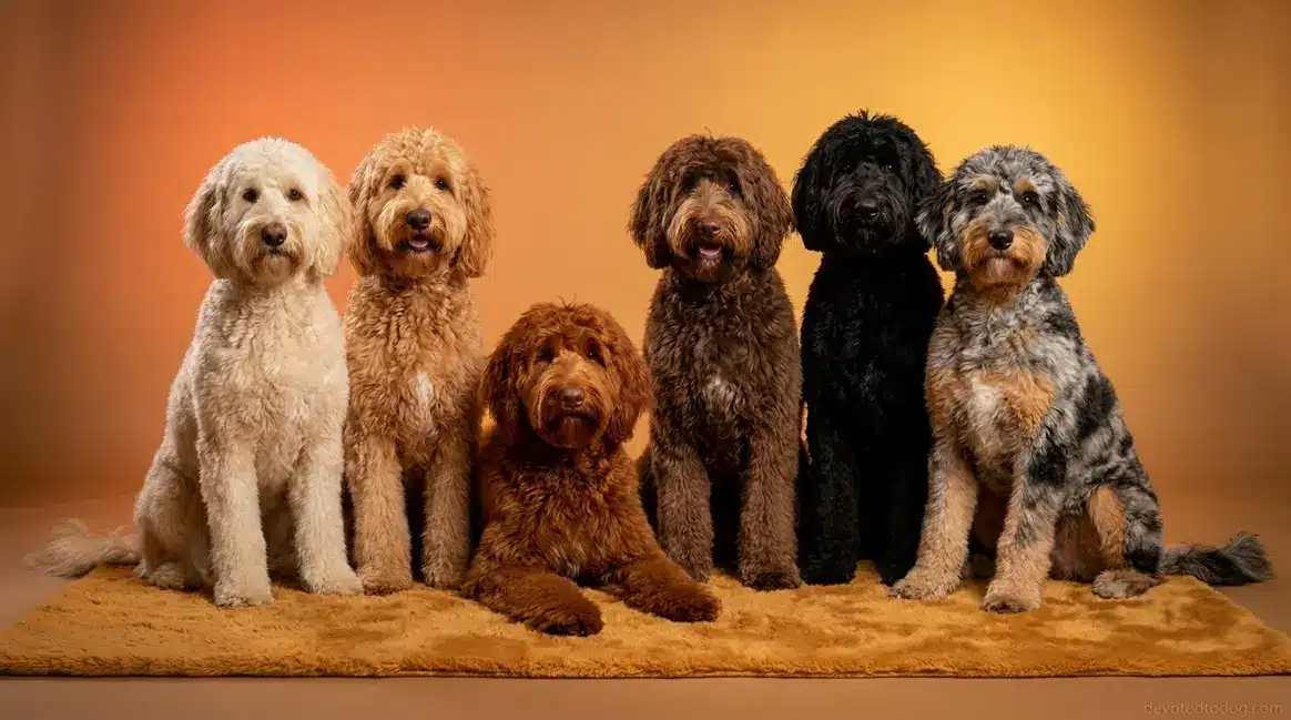 Six Goldendoodle dogs showing the full range of goldendoodle colors and patterns from cream to merle