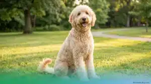 Happy Goldendoodle dog outdoors representing how long Goldendoodles live and lifespan guide