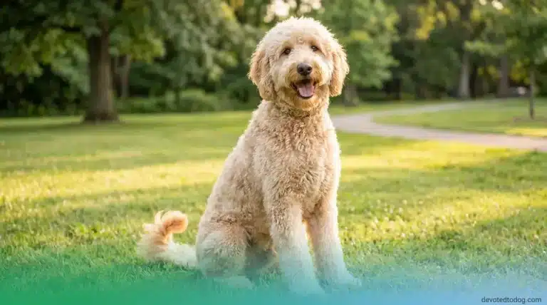 Happy Goldendoodle dog outdoors representing how long Goldendoodles live and lifespan guide