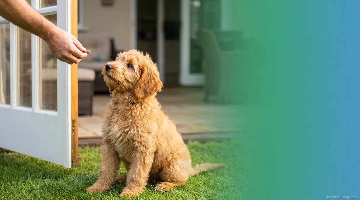 Goldendoodle puppy sitting outside on grass during potty training reward session