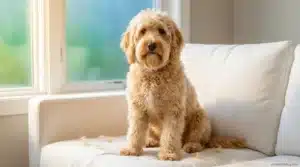 Goldendoodle dog with wavy coat sitting on sofa with loose hairs visible showing shedding