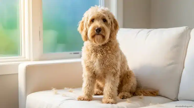 Goldendoodle dog with wavy coat sitting on sofa with loose hairs visible showing shedding