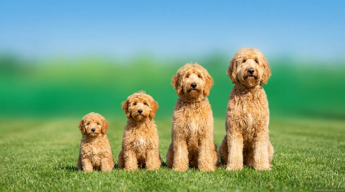 Four Goldendoodle sizes side by side — Petite, Mini, Medium, and Standard on grass