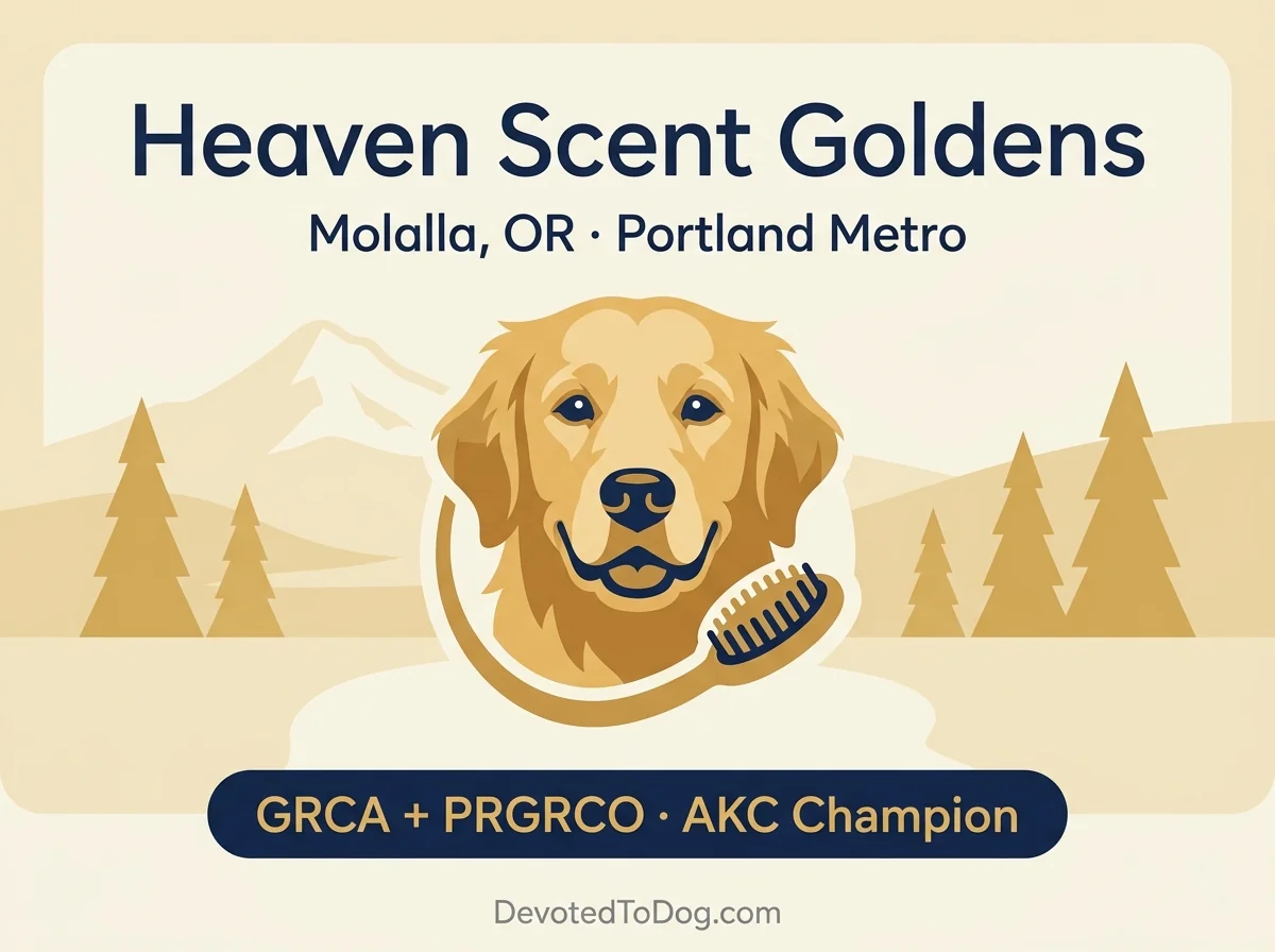 Heaven Scent Goldens editorial profile card showing Molalla Oregon location and PRGRCO membership
