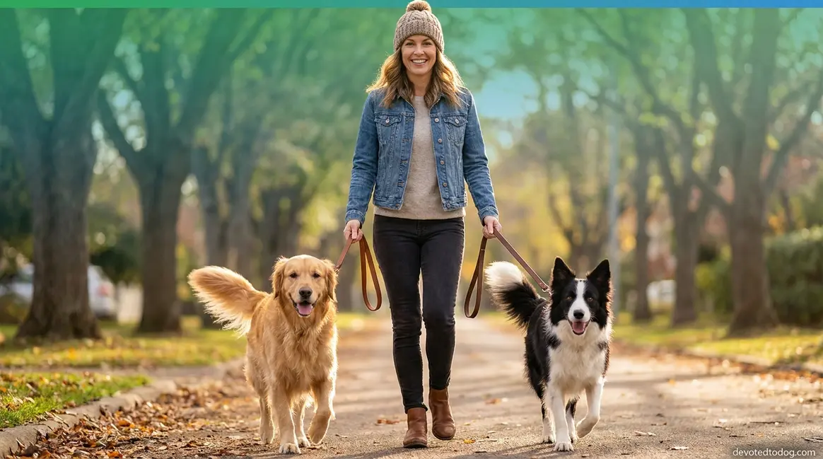 How often should you walk your dog — owner walking golden retriever and border collie on sunny path