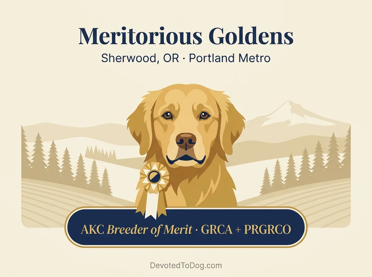 Meritorious Goldens editorial profile card showing Sherwood Oregon location with Cascade and Douglas fir motif and AKC Breeder of Merit credential