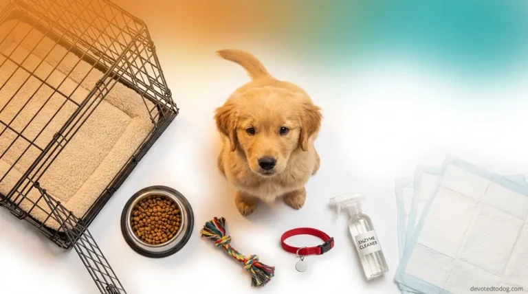 New puppy checklist essentials including crate, collar, food bowl, toys, and enzyme cleaner arranged around a golden retriever puppy