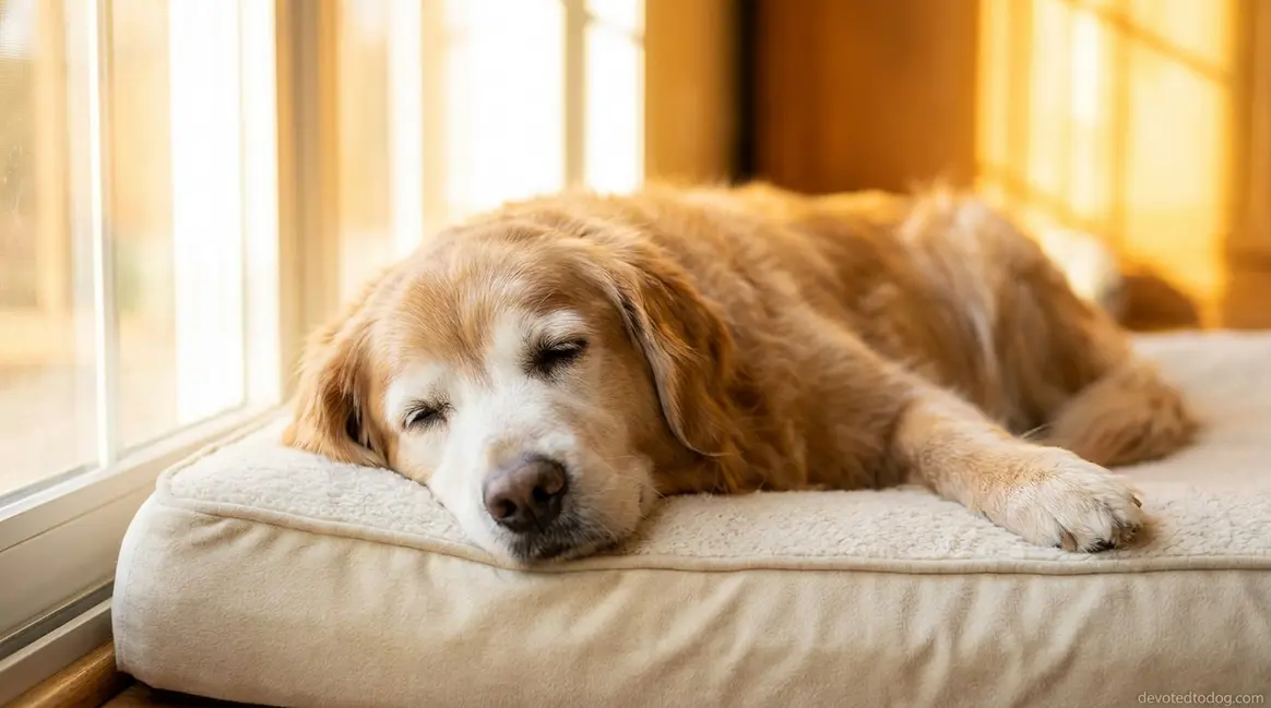 Old golden retriever with white muzzle resting peacefully in warm afternoon sunlight