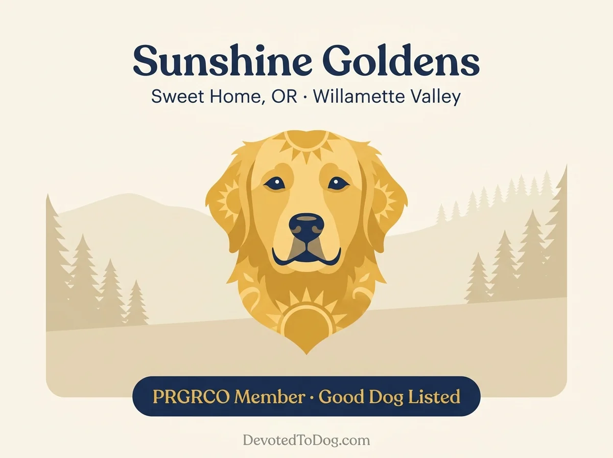 Sunshine Goldens editorial profile card showing Sweet Home Oregon location and Good Dog and PRGRCO credentials