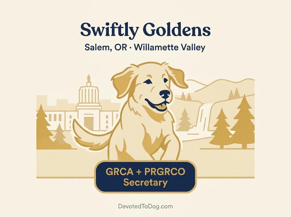 Swiftly Golden Retrievers editorial profile card showing Salem Willamette Valley location and PRGRCO Secretary credential