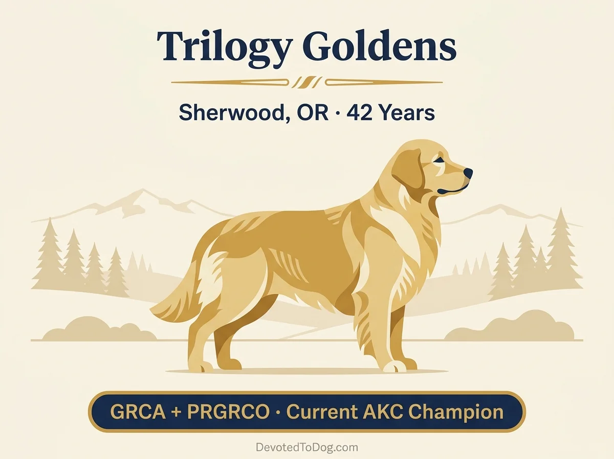 Trilogy Goldens editorial profile card showing 42-year breeding program in Sherwood Oregon with Cascade backdrop