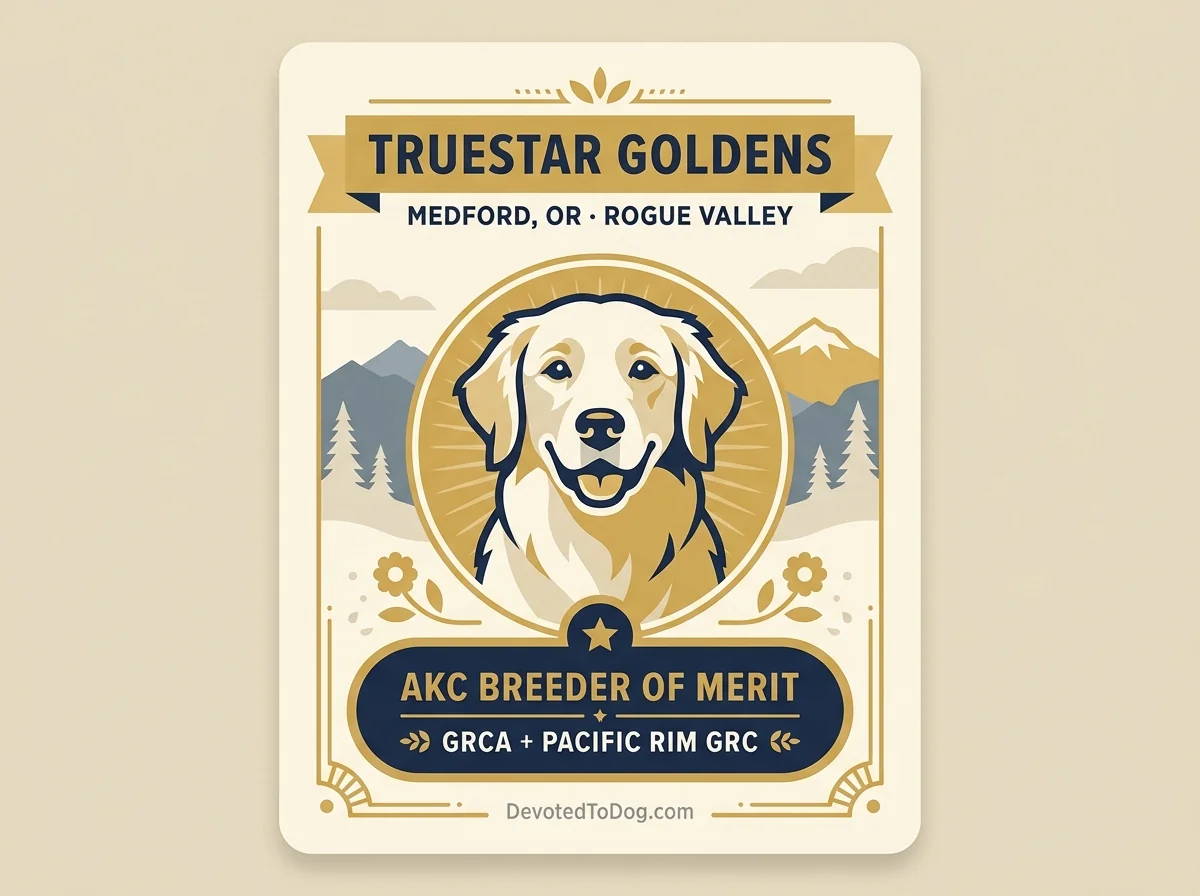 TrueStar Goldens editorial profile card showing Rogue Valley location and AKC Breeder of Merit credential