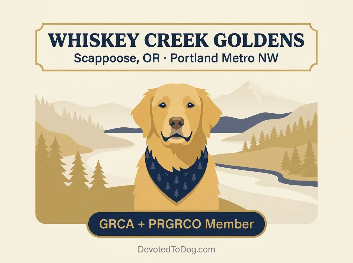 Whiskey Creek Goldens editorial profile card showing Scappoose Oregon location and PRGRCO membership