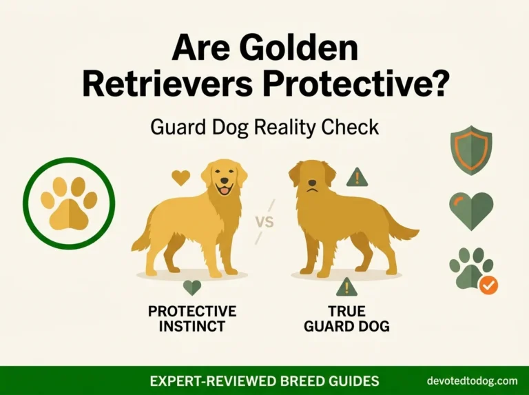 Are golden retrievers protective comparison showing protective instinct family watchdog vs true guard dog with shield and heart icons