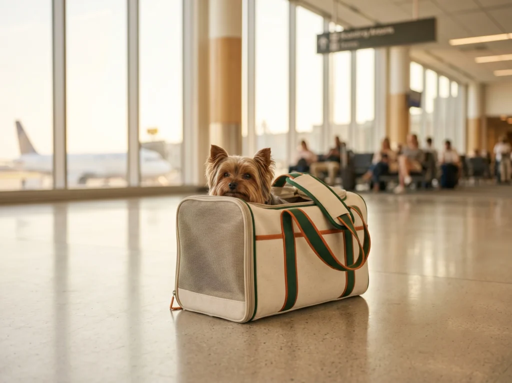 Yorkshire Terrier resting peacefully inside a soft-sided airline pet carrier in an airport terminal