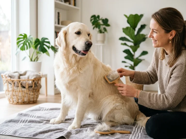 Best brush for Golden Retrievers, owner brushing Golden Retriever with slicker brush at home
