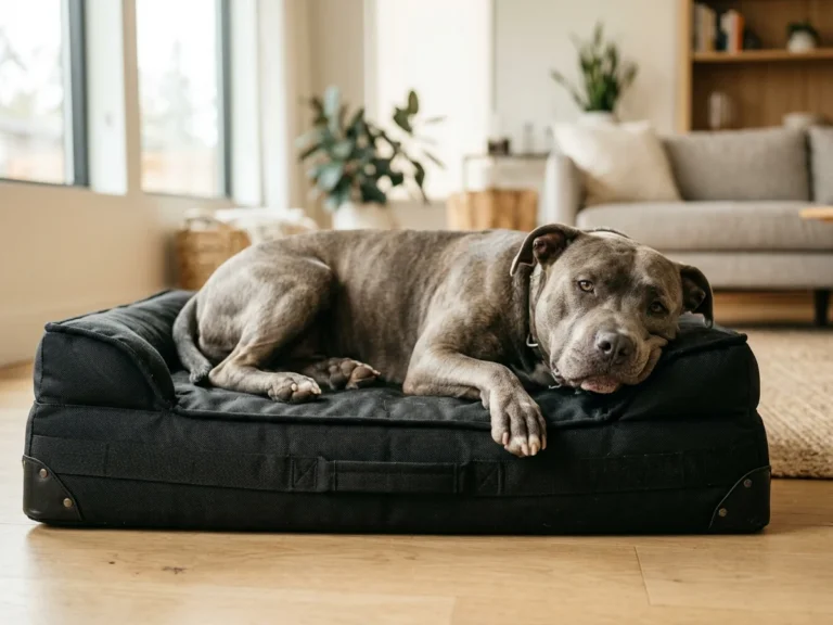 Best chew-proof dog beds, muscular Pitbull mix lying on a heavy-duty reinforced black chew-proof dog bed