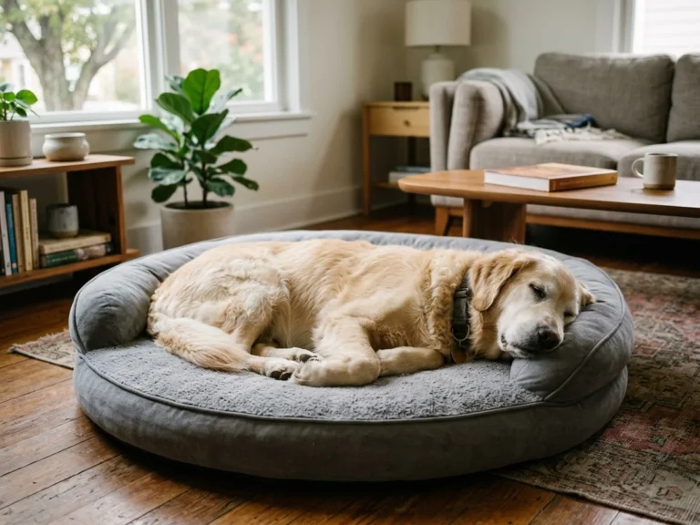 Best dog bed for Golden Retrievers, senior Golden Retriever asleep on gray orthopedic dog bed