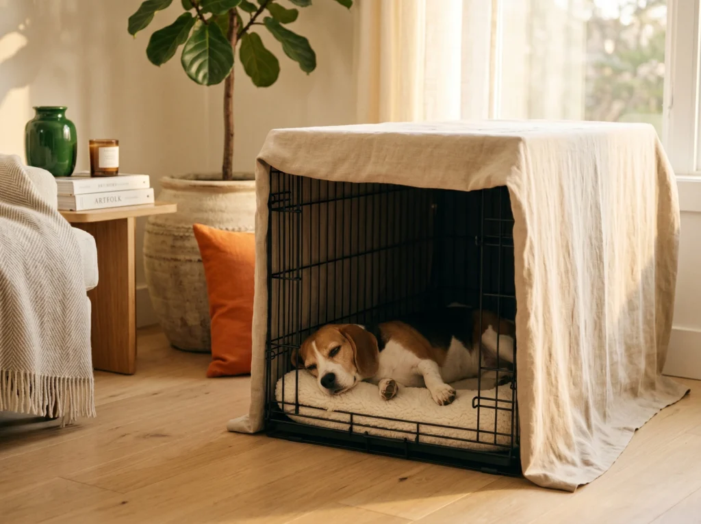Calm Beagle resting peacefully inside a covered wire dog crate creating a dark calming den in a sunlit living room