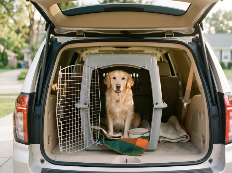 Golden Retriever sitting calmly inside a hard-sided dog crate in the cargo area of an SUV with rear hatch open