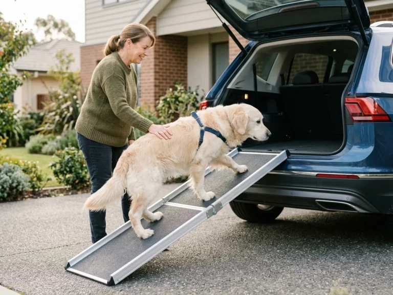 Senior Golden Retriever walking up a folding dog ramp into the back of an SUV