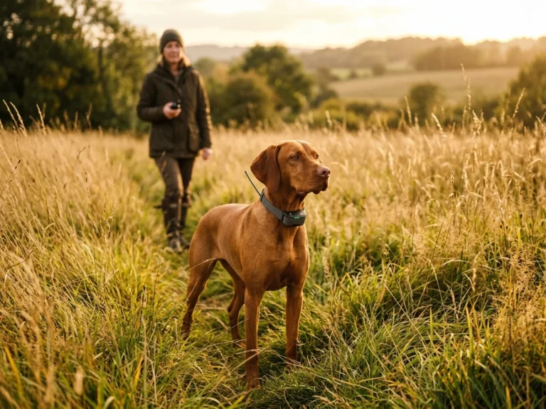 Best dog shock collars for training, Vizsla in field with handler holding remote training collar control