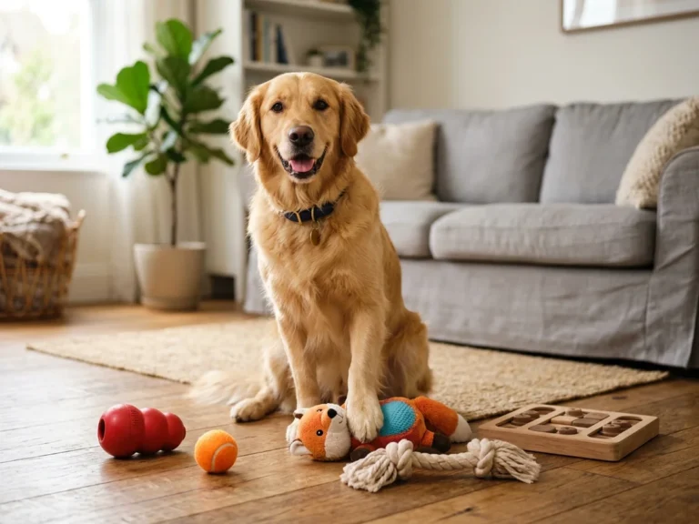 Best dog toys, Golden Retriever sitting with various dog toys including chew toy, ball, plush, rope and puzzle