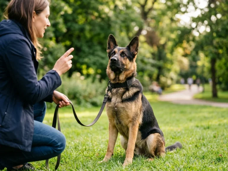 Best dog training collars, German Shepherd in training session with attentive sitting position