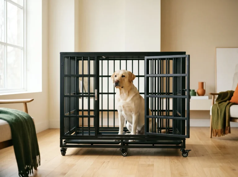 Adult yellow Labrador sitting calmly inside an escape-proof heavy-duty dog crate in a Kinfolk-style living room