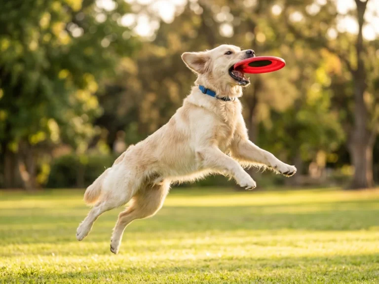 Best frisbee for dogs, Golden Retriever catching a red frisbee mid-air in a park