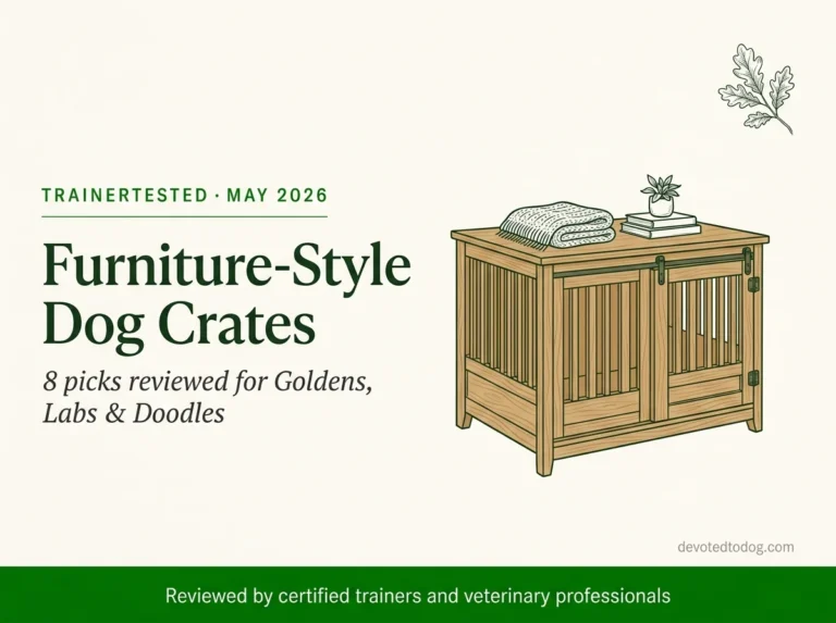 Furniture-style dog crate editorial hero illustration, refined wooden crate with magazine-style typography