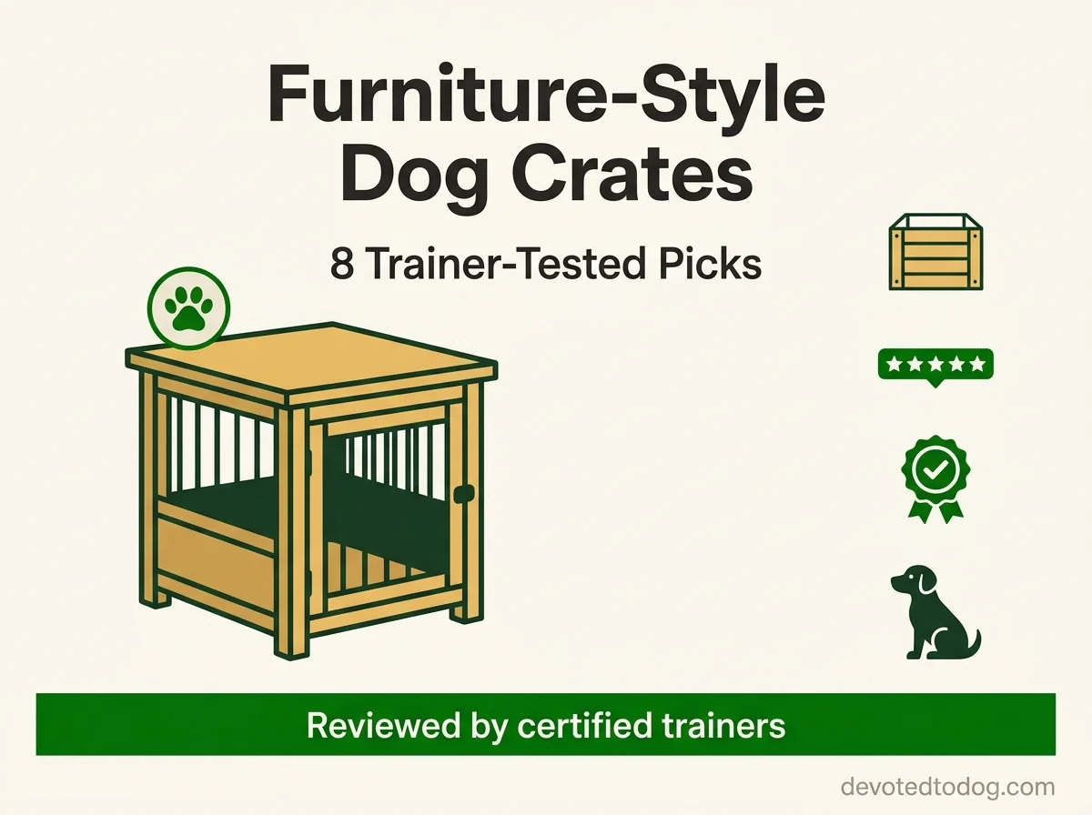 Furniture-style dog crate editorial hero illustration, refined wooden crate with magazine-style typography