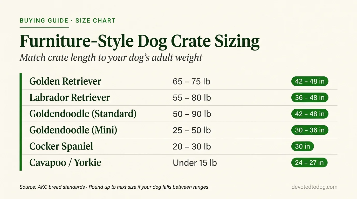 Furniture-style dog crate sizing chart matching breed adult weight to recommended crate length, AKC breed standards