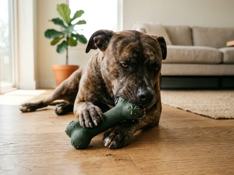 Best indestructible dog toys, Pitbull mix chewing a tough nylon bone chew toy on wood floor