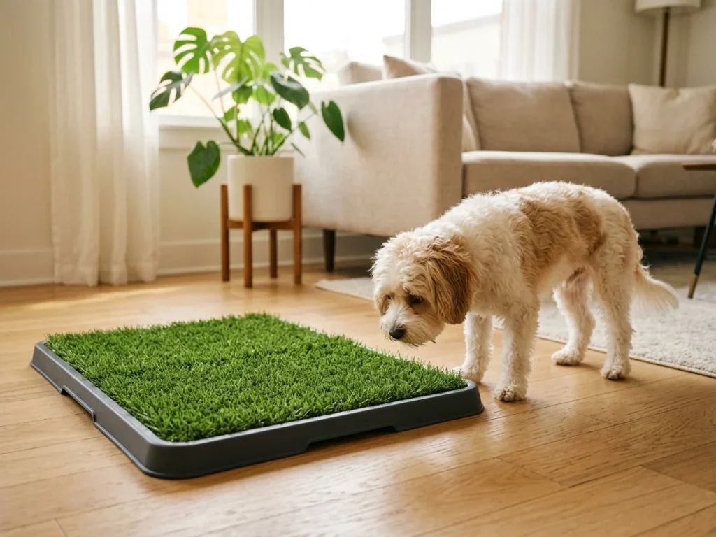Small fluffy white-and-tan dog standing beside artificial grass indoor potty pad in sunlit living room