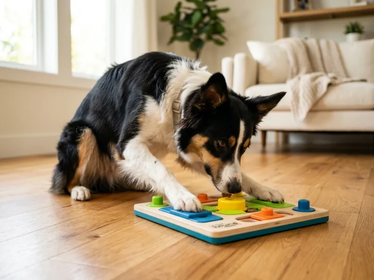 Best interactive dog toys, Border Collie working on a colorful puzzle dog toy with paws on it