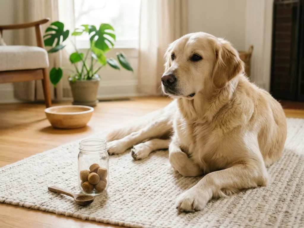 Adult Golden Retriever resting on rug with joint supplement chews in foreground