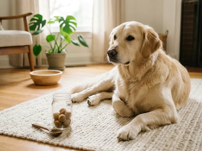 Adult Golden Retriever resting on rug with joint supplement chews in foreground