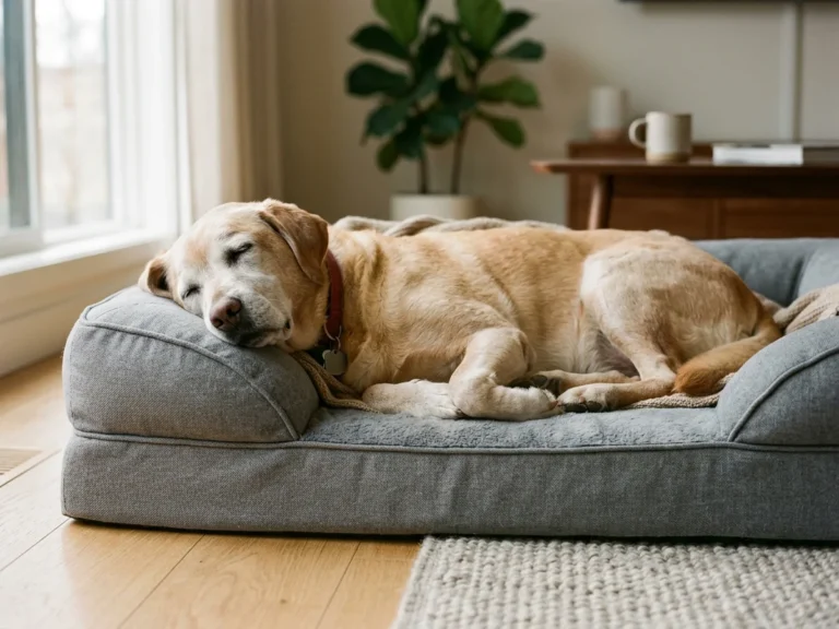 Best orthopedic dog beds, senior Labrador with gray muzzle sleeping on a large gray orthopedic dog bed