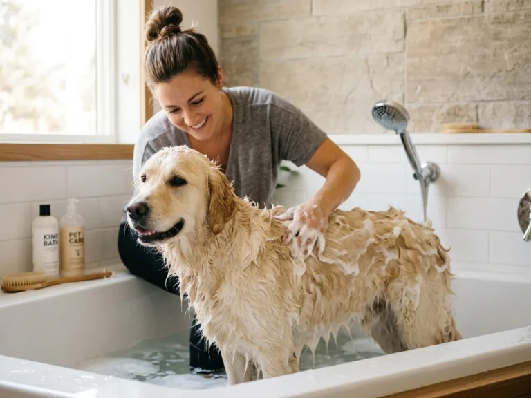 Best shampoo for Golden Retrievers, Golden in bathtub being bathed with shampoo