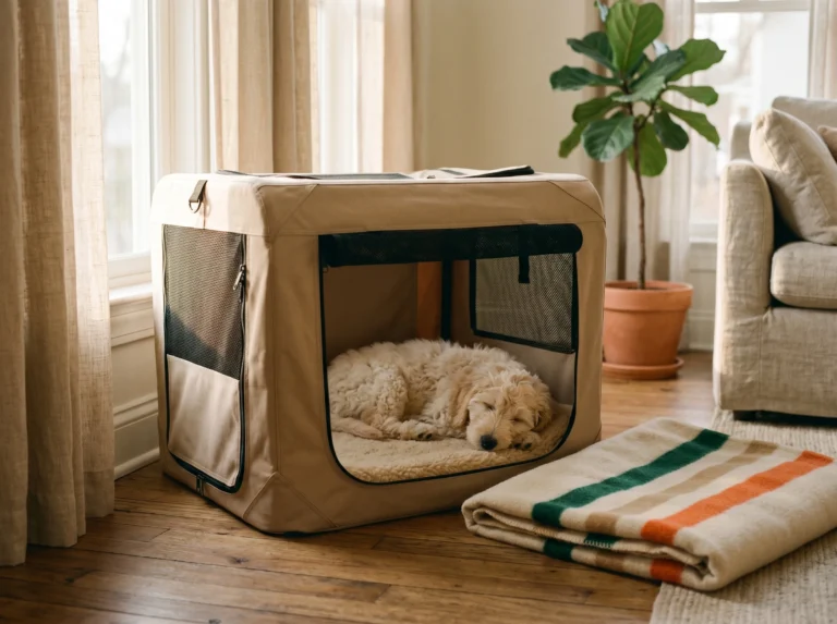 Goldendoodle puppy resting peacefully inside a soft-sided fabric dog crate in a sunlit living room