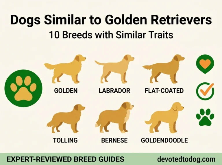 Dogs similar to Golden Retrievers grid showing 6 breed silhouettes including Labrador Flat-Coated Retriever Toller Bernese and Goldendoodle