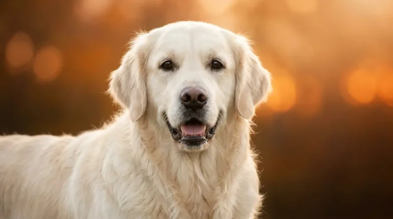 Fluffy golden retriever with full double coat sitting outdoors in warm natural light