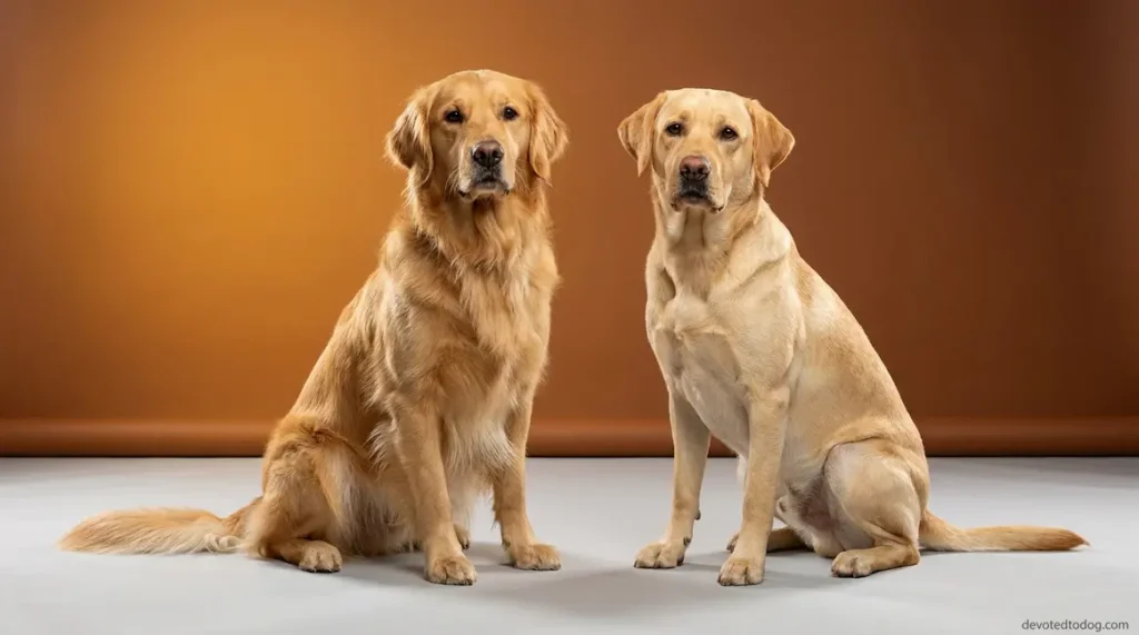 Golden labrador vs golden retriever side-by-side portrait showing coat and build differences