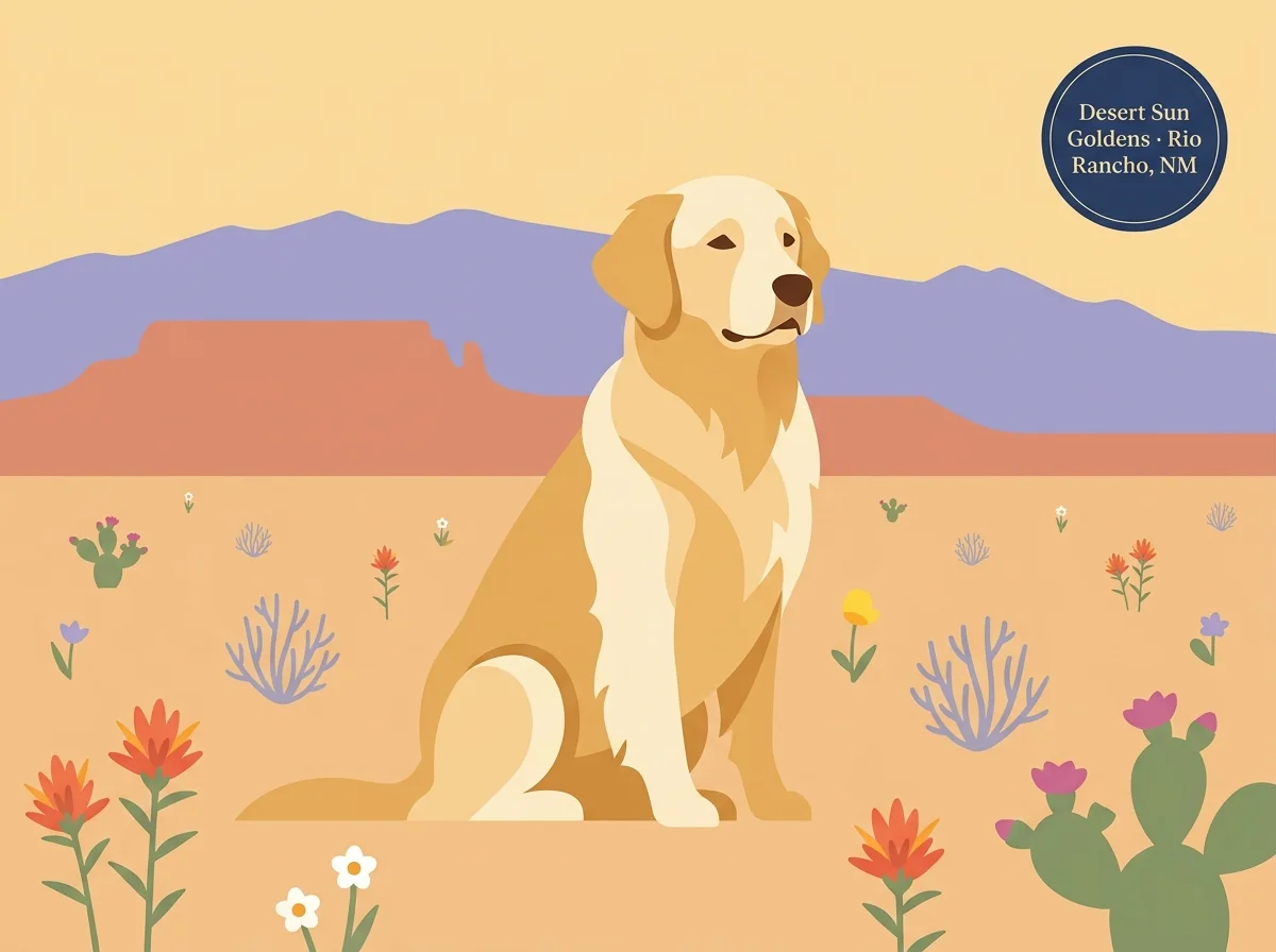 Desert Sun Golden Retrievers editorial profile card with a golden retriever against a Rio Rancho mesa silhouette and Sandia Mountain backdrop