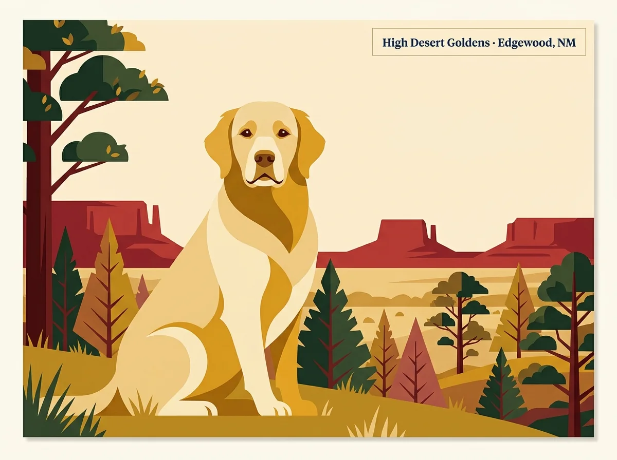 High Desert Goldens editorial profile card showing tier rating, Edgewood NM location, and a golden retriever silhouette against red mesa landscape