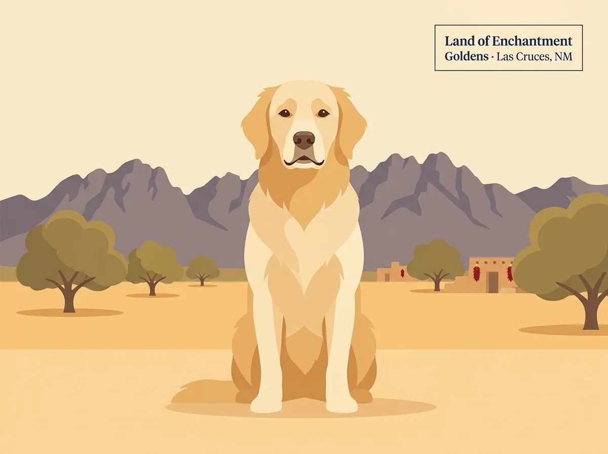 Land of Enchantment Goldens editorial profile card showing a golden retriever against a Mesilla Valley desert landscape with the Organ Mountains